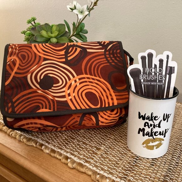 Large Burnt Orange & Brown Cosmetic BAg Makeup Brush Jar - Picture 1 of 6